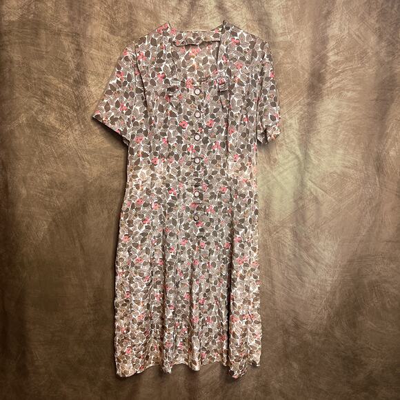 Vintage 50s Floral Foliage Print Shirt Waist Swing Dress Brown Pink Button Up - Picture 1 of 9